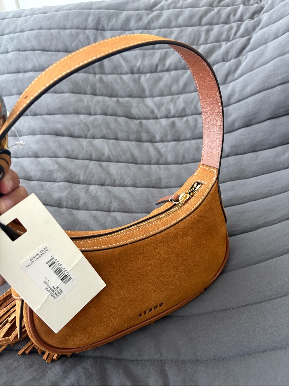 Sold‼️STAUD Suede Crescent Shoulder Bag in Cognac Brown with Tassel - Picture 5 of 15
